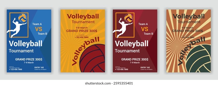 Volleyball tournament posters, flyer with volleyball ball - template vector design vintage flyer award, championship, competition, contest, message, playing, poster, success, vertical