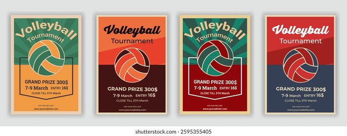 Volleyball tournament posters, flyer with volleyball ball - template vector design vintage flyer award, championship, competition, contest, message, playing, poster, success, vertical