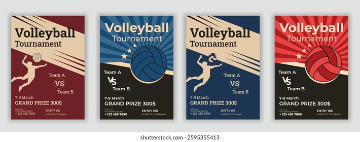 Volleyball tournament posters, flyer with volleyball ball - template vector design vintage flyer award, championship, competition, contest, message, playing, poster, success, vertical