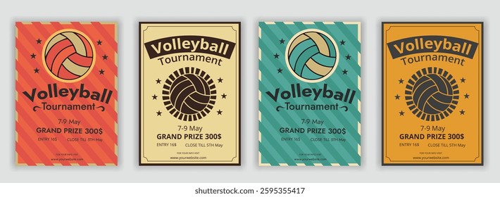 Volleyball tournament posters, flyer with volleyball ball - template vector design vintage flyer award, championship, competition, contest, message, playing, poster, success, vertical