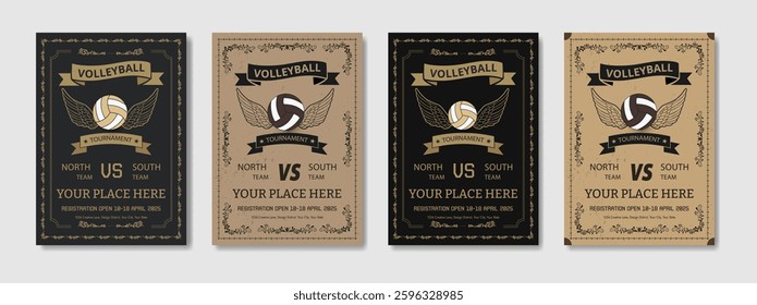 Volleyball tournament posters, flyer with volleyball ball template Volleyball championship flyer layout design, vector, award ribbon, flyer - leaflet, laurel wreath, leisure games, match - sport, net
