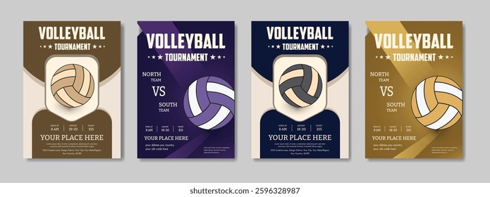 Volleyball tournament posters, flyer with volleyball ball template Volleyball championship flyer layout design, vector, award ribbon, flyer - leaflet, laurel wreath, leisure games, match - sport, net
