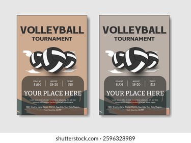 Volleyball tournament posters, flyer with volleyball ball template Volleyball championship flyer layout design, vector, award ribbon, flyer - leaflet, laurel wreath, leisure games, match - sport, net
