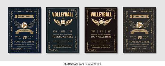 Volleyball tournament posters, flyer with volleyball ball template Volleyball championship flyer layout design, vector, award ribbon, flyer - leaflet, laurel wreath, leisure games, match - sport, net
