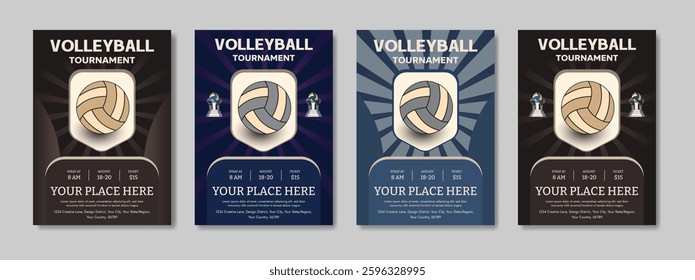 Volleyball tournament posters, flyer with volleyball ball template Volleyball championship flyer layout design, vector, award ribbon, flyer - leaflet, laurel wreath, leisure games, match - sport, net
