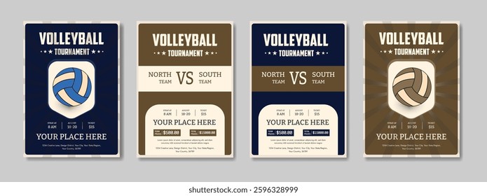 Volleyball tournament posters, flyer with volleyball ball template Volleyball championship flyer layout design, vector, award ribbon, flyer - leaflet, laurel wreath, leisure games, match - sport, net
