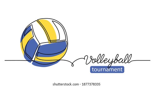 Volleyball tournament simple vector background, banner, poster with color ball sketch. One line drawing art illustration of volleyball ball.