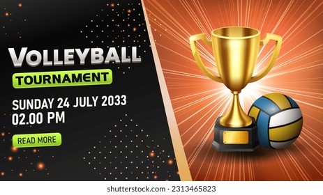 Volleyball Tournament Template, Realistic Volleyball and Gold Trophy. Widescreen Vector Illustration