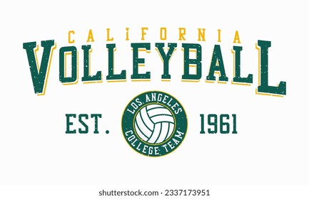 Volleyball t-shirt design. California, Los Angles tee shirt with volleyball ball. College style apparel print with grunge. Vector illustration.