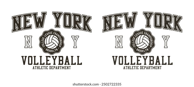 Volleyball t-shirt design. New York tee shirt with volleyball ball. College style apparel print with grunge. Vector illustration.