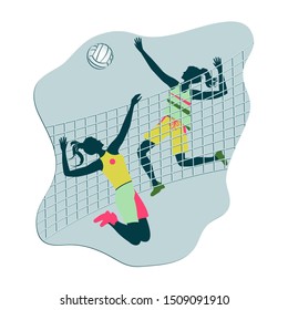 Volleyball - two girls gamble recklessly - net, ball - icon, flat style isolated on white background - vector. Modern lifestyle. Active holidays.