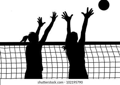 Volleyball two women and ball silhouette vector