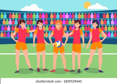 Volleyball vector concept: Group of female volleyball team players posing together in the stadium
