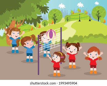 Volleyball vector concept. Two female volleyball team competing and playing together at field during summer day