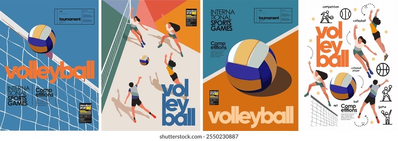 Voleibol. Ilustração vetorial de jogadoras de voleibol feminino, bola, rede, jogo, ícones para cartaz, fundo, folheto, folheto