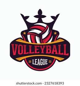 Diseño del emblema del logo del vector de voleibol con corona para el equipo deportivo. Ilustración del vector