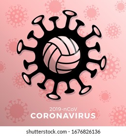 Volleyball-Vektorillustration Vorsicht bei Koronavirus signieren. Beenden Sie den Ausbruch von Covid-19. Koronavirus-Gefahr und Risiko für die öffentliche Gesundheit und Grippe-Ausbruch. Stornierung des Konzepts für Sportveranstaltungen und Spiele