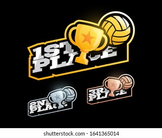 Volleyball Victory competition set Typography sport volleyball ball and cup in retro style emblem vector concept with golden, silver and bronze cup trophies. Championship prize. Triumph in sports