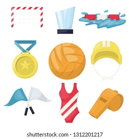 Volleyball water sport player accessories beachball icons vector illustration. Healthy volley ball training pool. Water polo club beachvolleyball. Serve game team play volleying.