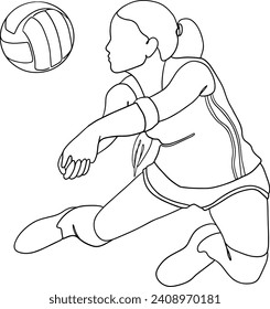 Volleyball woman jump and hit the ball linear vector illustration. Hand drawn vector continuous line of a sportswoman volleyball player hits the ball while jumping. Summer sport.