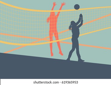 Volleyball woman player abstract vector background with net