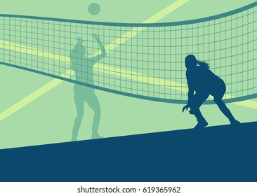 Volleyball woman player abstract vector background with net