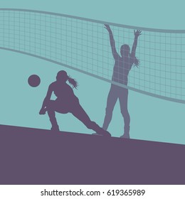 Volleyball woman player abstract vector background with net