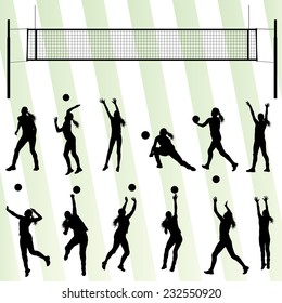 Volleyball Woman Player Vector Background Set With Net