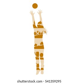 Volleyball woman player vector background concept made of forest trees fragments isolated on white