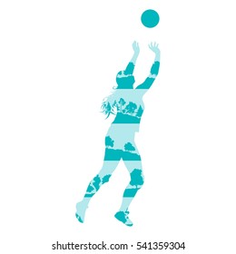 Volleyball woman player vector background concept made of forest trees fragments isolated on white