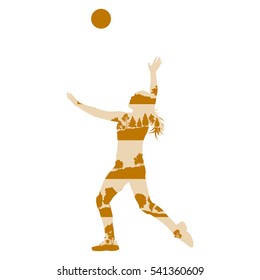 Volleyball woman player vector background concept made of forest trees fragments isolated on white