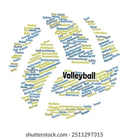 Voleibol Word Cloud. Composición de palabras relacionadas con los Términos, conceptos y estrategias del voleibol. Fondo blanco aislado.
