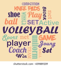 Volleyball word cloud concept on the beige background. Vector illustration