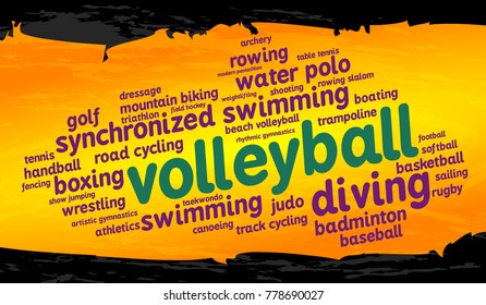 Volleyball. Word cloud, cool design, gold background. Summer sports.