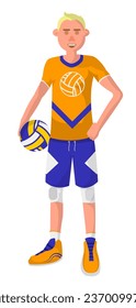 Volleyballist isolated male character wearing traditional volleyball uniform and holding ball in hands. Professional player performing in game, championship or tournament. Vector in flat style