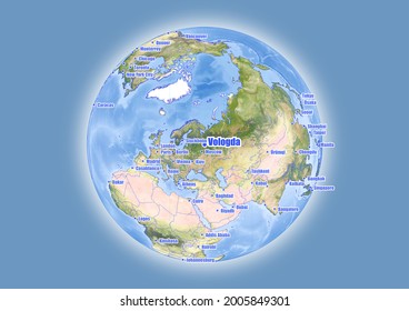 Vologda-Russia is shown on vector globe map. The map shows Vologda-Russia 's location in the world.