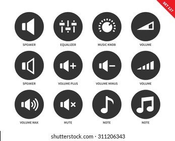 Volome vector icons set. Sound concept, music equipment, speaker, equalizer, music knob, different volume signs, min, max, mute, notes. Isolated on white background