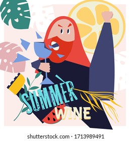 Volorful vector illustration party time man with a glass of champagne, summer night party poster, humor cartoon style advertising, monstera leafs, slices of orange and water mellon
