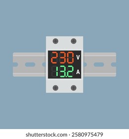 Volt ampere meter with digital display mounted on a steel 35mm DIN rail. Vector illustration