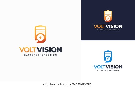 Voltaje Visión Inspección de la batería vector de concepto de logotipo, plantilla de logotipo del vector del buscador de energía