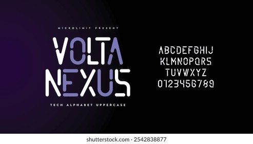 Volta Nexus: Tipografía futurista con un estilo redondeado e inspirado en la tecnología. Perfecto para proyectos electrónicos y creativos. Incluye el alfabeto A-Z en un formato de Vector único.