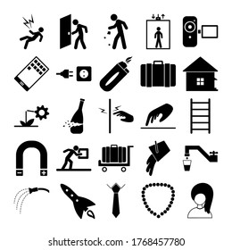 Voltage, electric shock, man opens the door, Litter man litter, elevator, man in elevator, video camera, phone, electrical plug icons set. Vector minimalistic illustrations pack