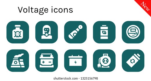 voltage icon set. 10 filled voltage icons.  Collection Of - Toxic, Teleoperator, Electric, Battery, Voltmeter, Nuclear, Wire