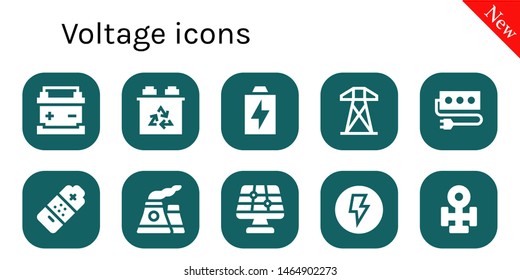voltage icon set. 10 filled voltage icons.  Simple modern icons about  - Battery, Electric tower, Socket, Nuclear, Solar panel, Electricity, Copper