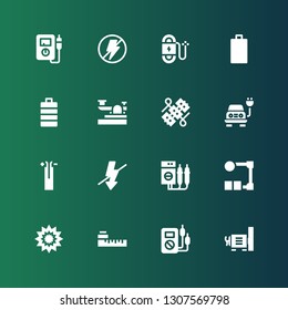 voltage icon set. Collection of 16 filled voltage icons included Dynamo, Voltmeter, Meter, Explosion, Wire, Flash, Electric, Wires, Telegraph, Full battery, Empty battery