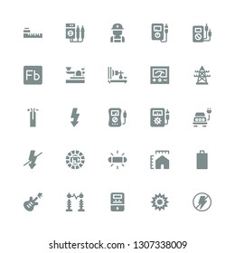 voltage icon set. Collection of 25 filled voltage icons included Flash, Explosion, Voltmeter, Electricity, Electric, Empty battery, Metering, Wire, Electric tower, Electric telegraph