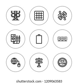 Voltage icon set. collection of 9 outline voltage icons with electric tower, empty battery, grid, transmission tower, solar panels, wires icons. editable icons.