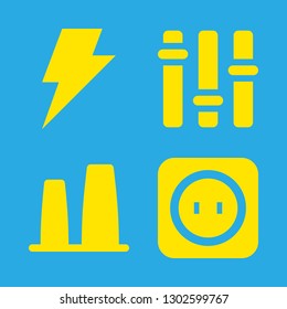 voltage icons set with console of three switches, electrical storm weather symbol of black lightning bolt shape and nuclear plant vector set