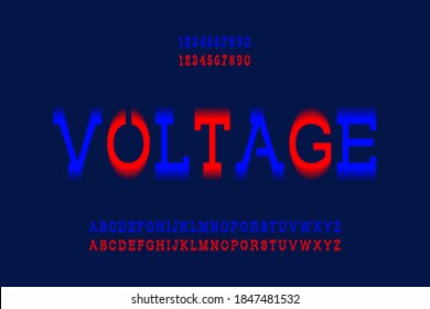 Voltage letters and numbers. Blue and red electric vibrant font. Vector isolated english alphabet.