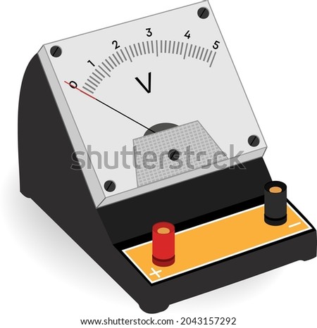 voltage measuring equipment, alectronics appliance, voltage, analog meter, electric meter, current direction, kvl, kcl, physics lab, science lab, voltmeter isometric view flat design illustration 